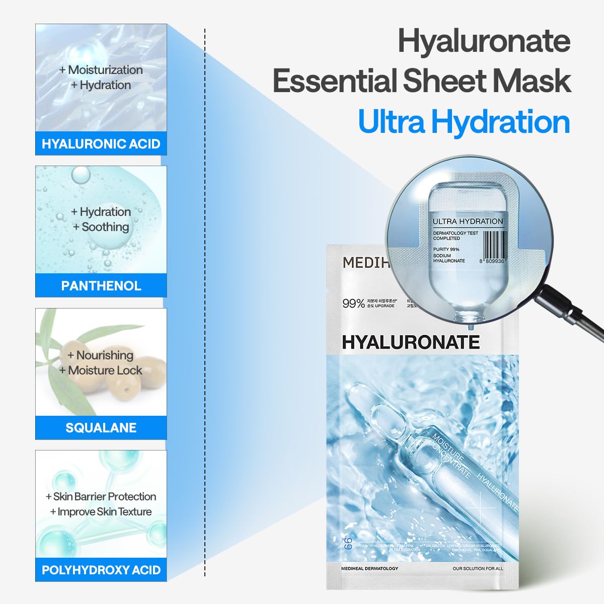 MEDIHEAL Hyaluronic Acid Essential Face Sheet Mask, Deep Hydration (10ea) – alternate angle