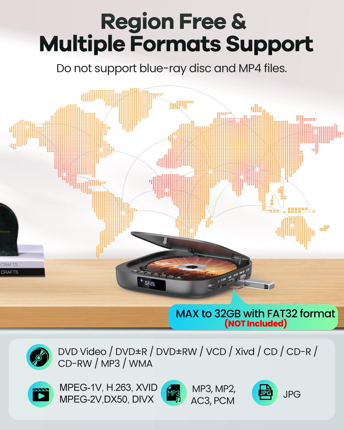 FELEMAN Mini DVD Players for TV that Plays All Regions and Formats – packaging and label