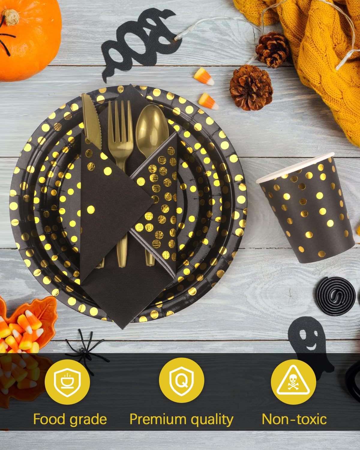 Lzerking 364pcs Black and Gold Party Supplies 52 Sets Disposable Dinnerware – full view