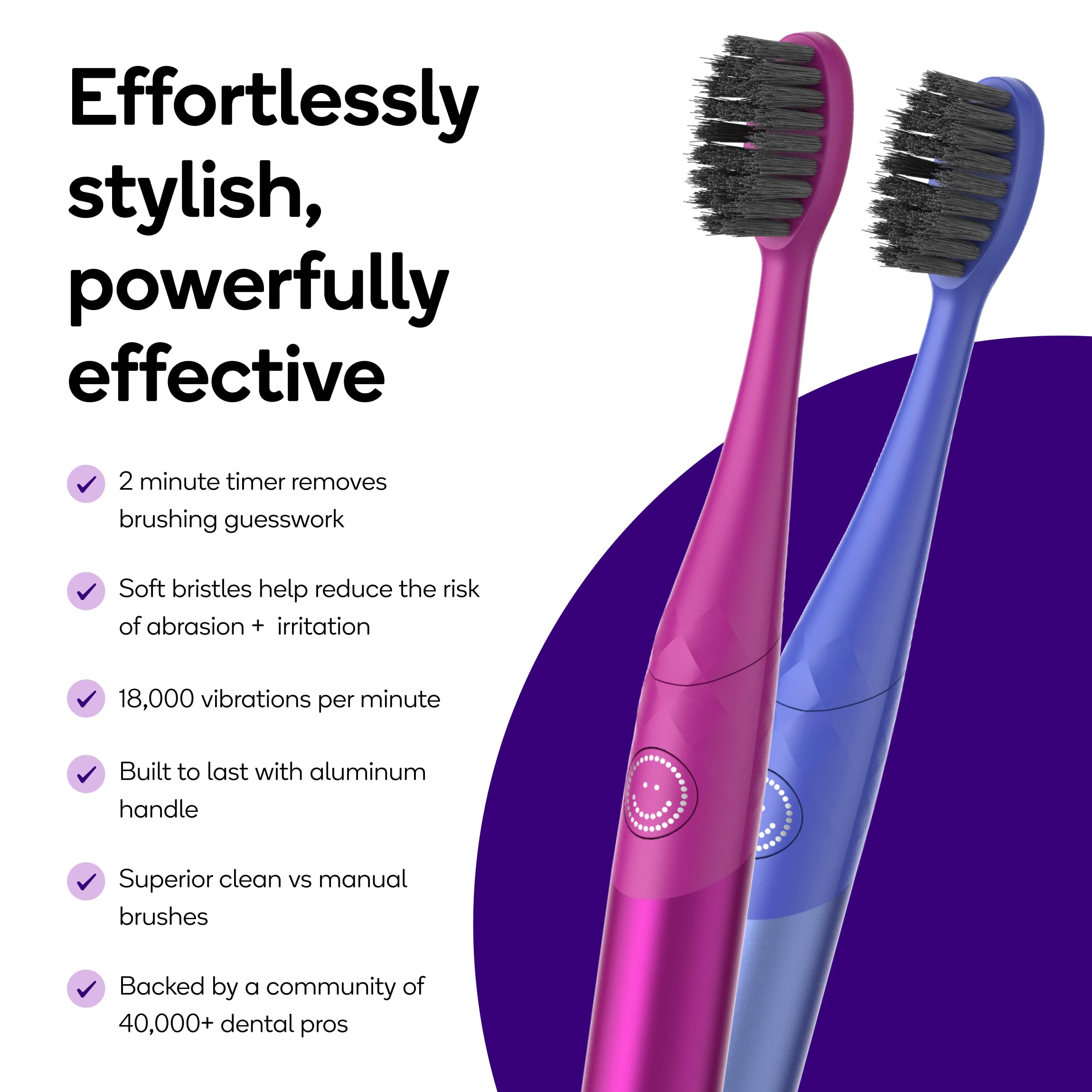 Burst Nova Sonic Toothbrush 2-pack with pink and blue handles, designed for teeth whitening and oral hygiene.