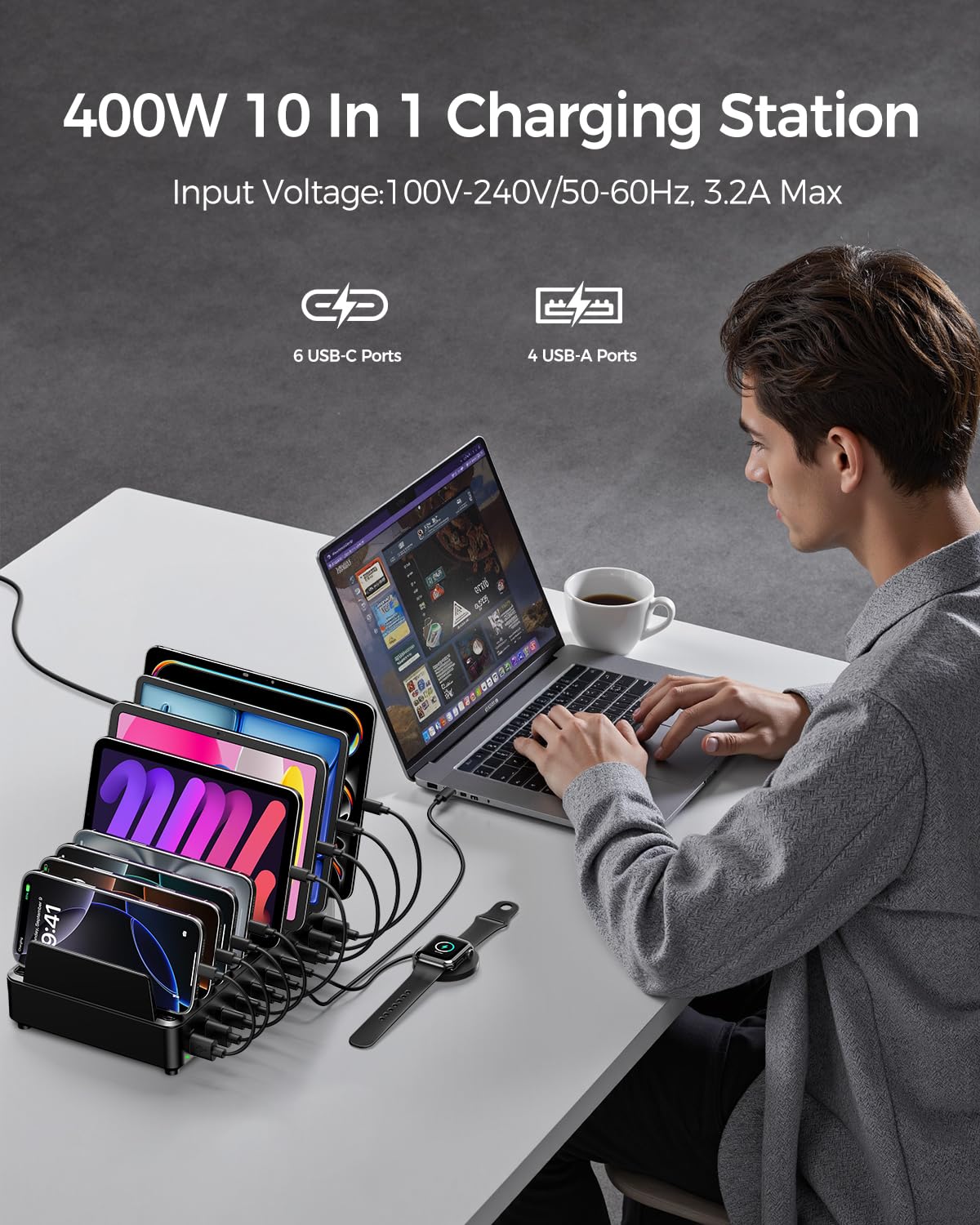 Rocoren 400W 10‑Port Charging Station,Dual PD 100W Dock w/ 6 Cables