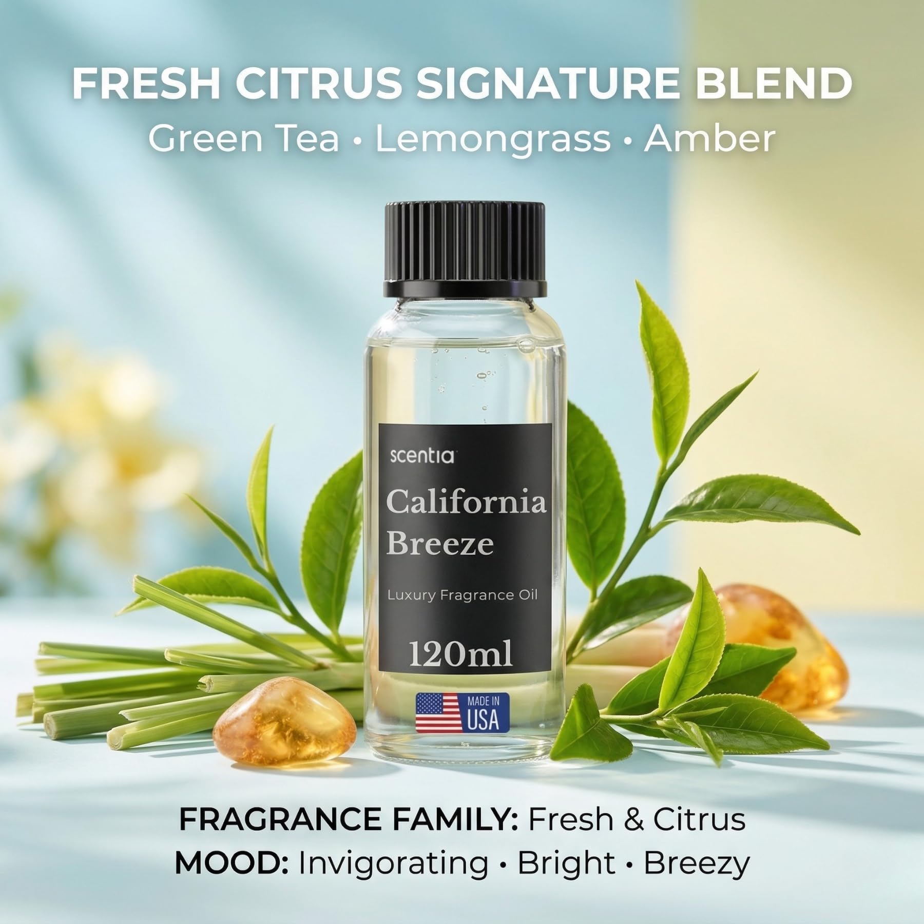 Scentia California Breeze diffuser oil in a 120ml bottle, essential oil with fresh, citrusy fragrance for home aromatherapy.