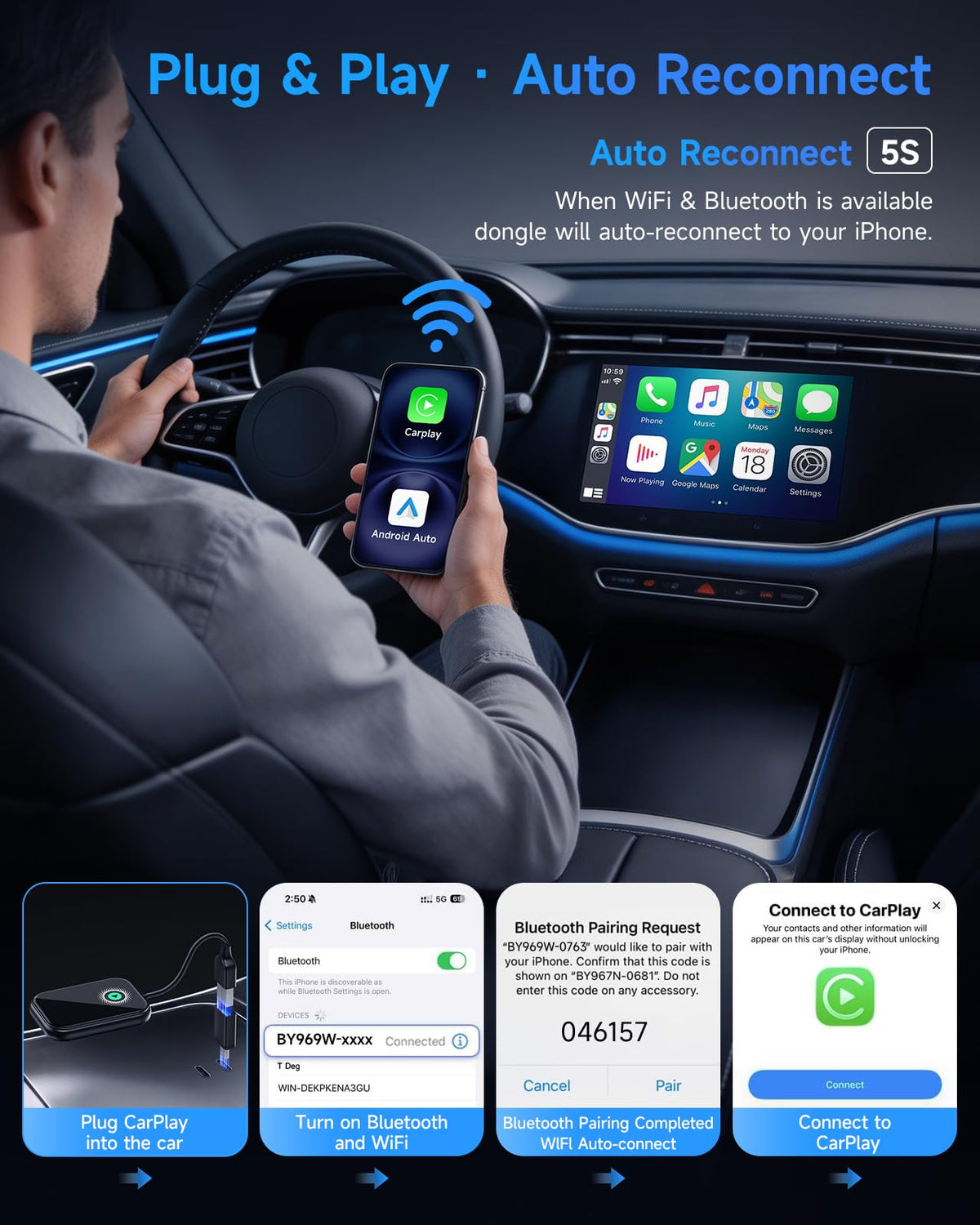 AweEos Smarter CarPlay Pro 2-in-1 Wireless CarPlay & Android Auto Adapter – full view