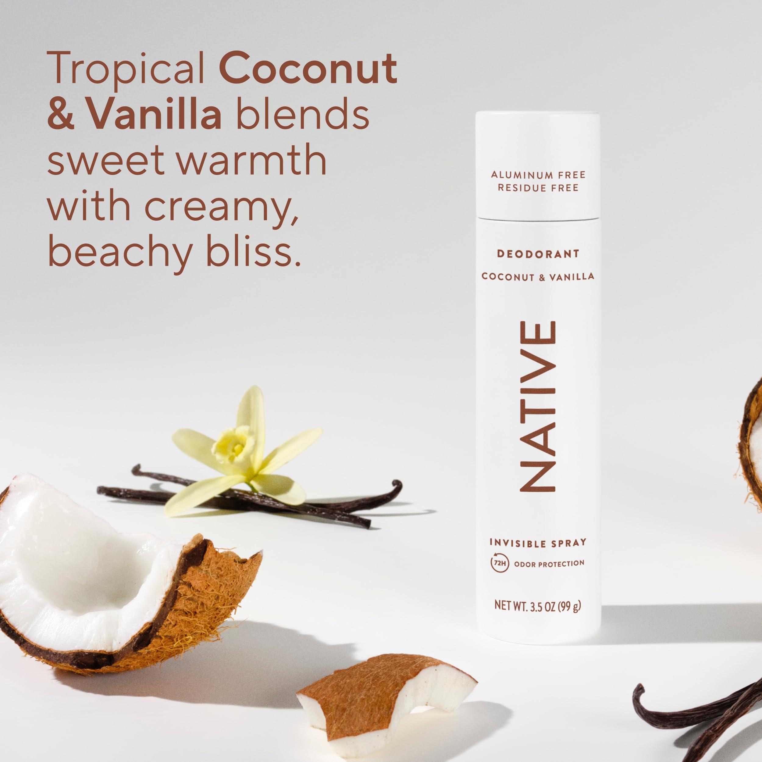 Native aluminum-free deodorant body spray in coconut vanilla scent, 3.5oz bottle with a sleek design.