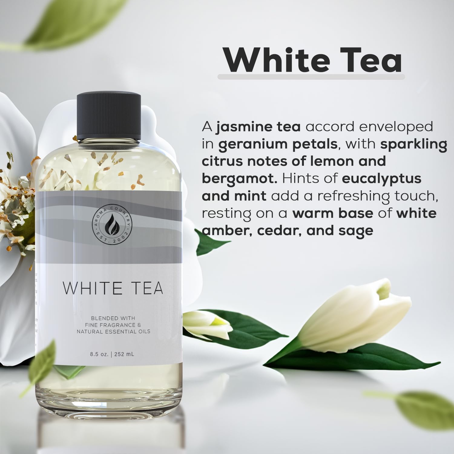 Aroma Country white tea diffuser oil refill bottle, 8.5 oz, with a clear liquid inside suitable for aroma diffusers.