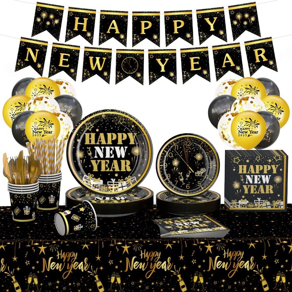 KRISTIN PARADISE 212Pcs New Years Eve Party Decorations, 2026 Party Supplies Tableware Set Serves 24, with Plates Napkin