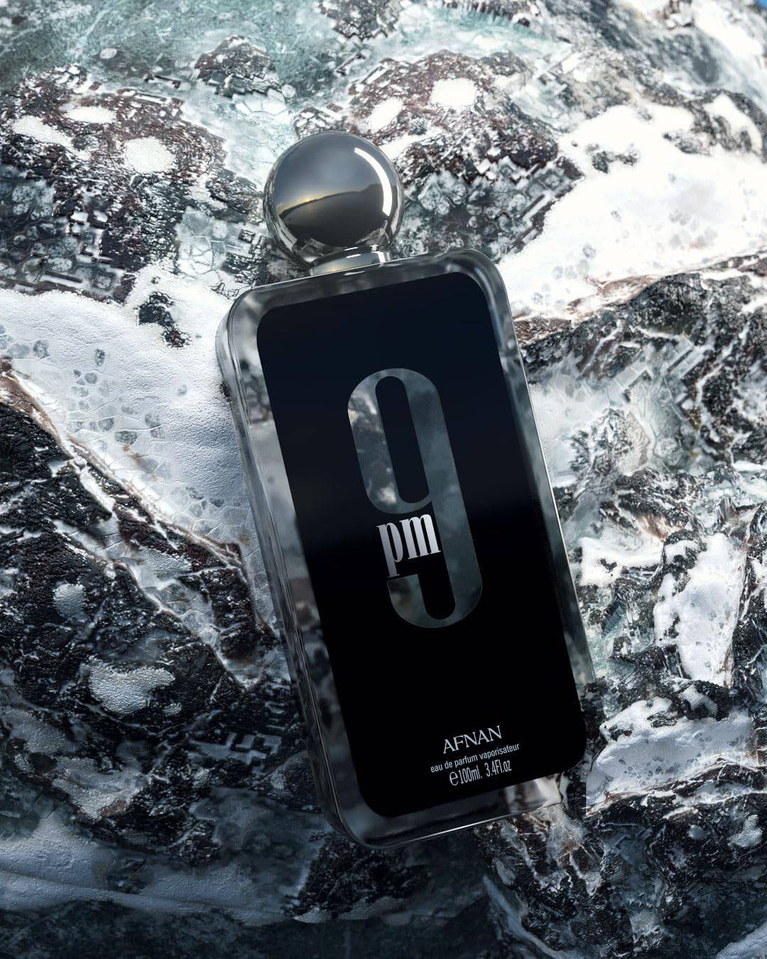 Afnan 9 PM for Men Eau de Parfum bottle, 3.4 fl oz, sleek design, personal fragrance with a modern scent profile.