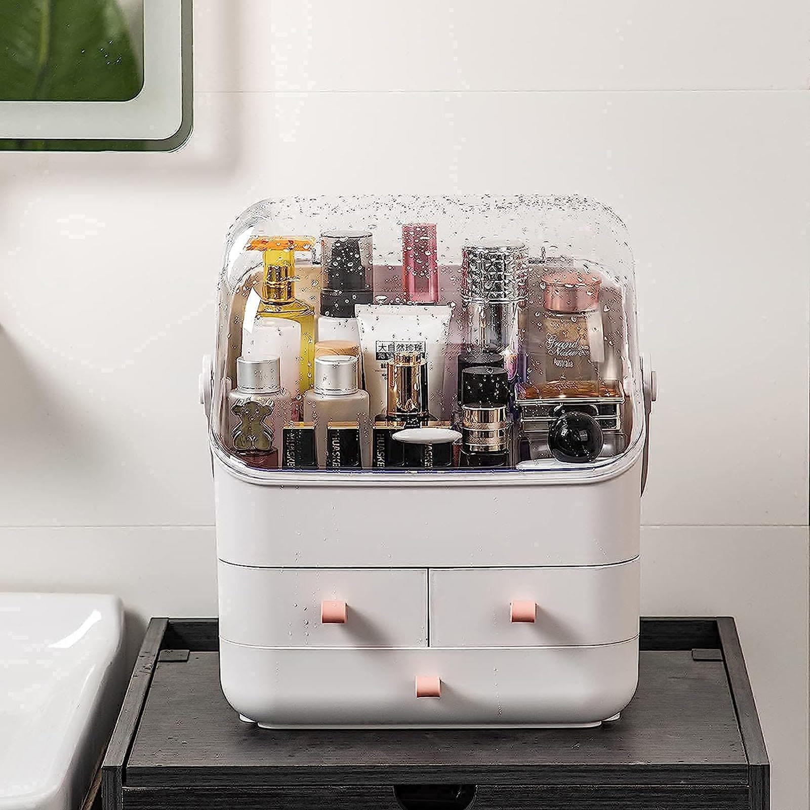VIDECOR Organize Beauty Waterproof Dustproof Makeup Organizer Box for Bathroom, Dresser, Countertop & Bedroom Storage,White