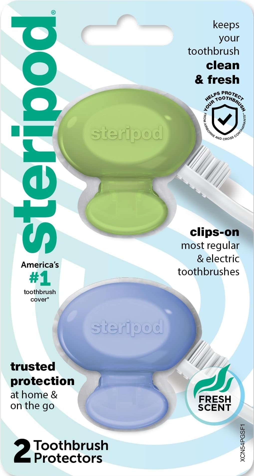 Steripod Clip-On Toothbrush Protector, Green/Blue, 2 Count - Product Imagery