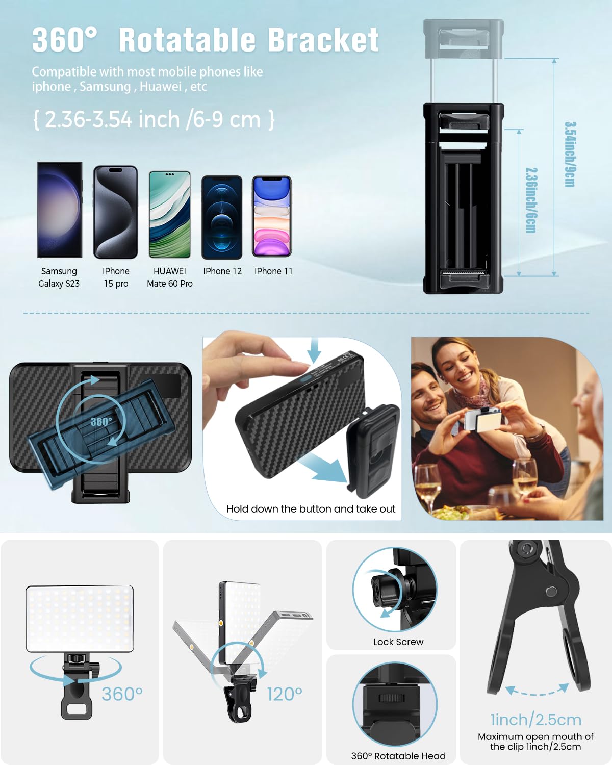 Auriani 168 LED Phone Light, Selfie Light for iPhone/iPad/Camera, Portable Video Conference Lighting with Clip, Recharge