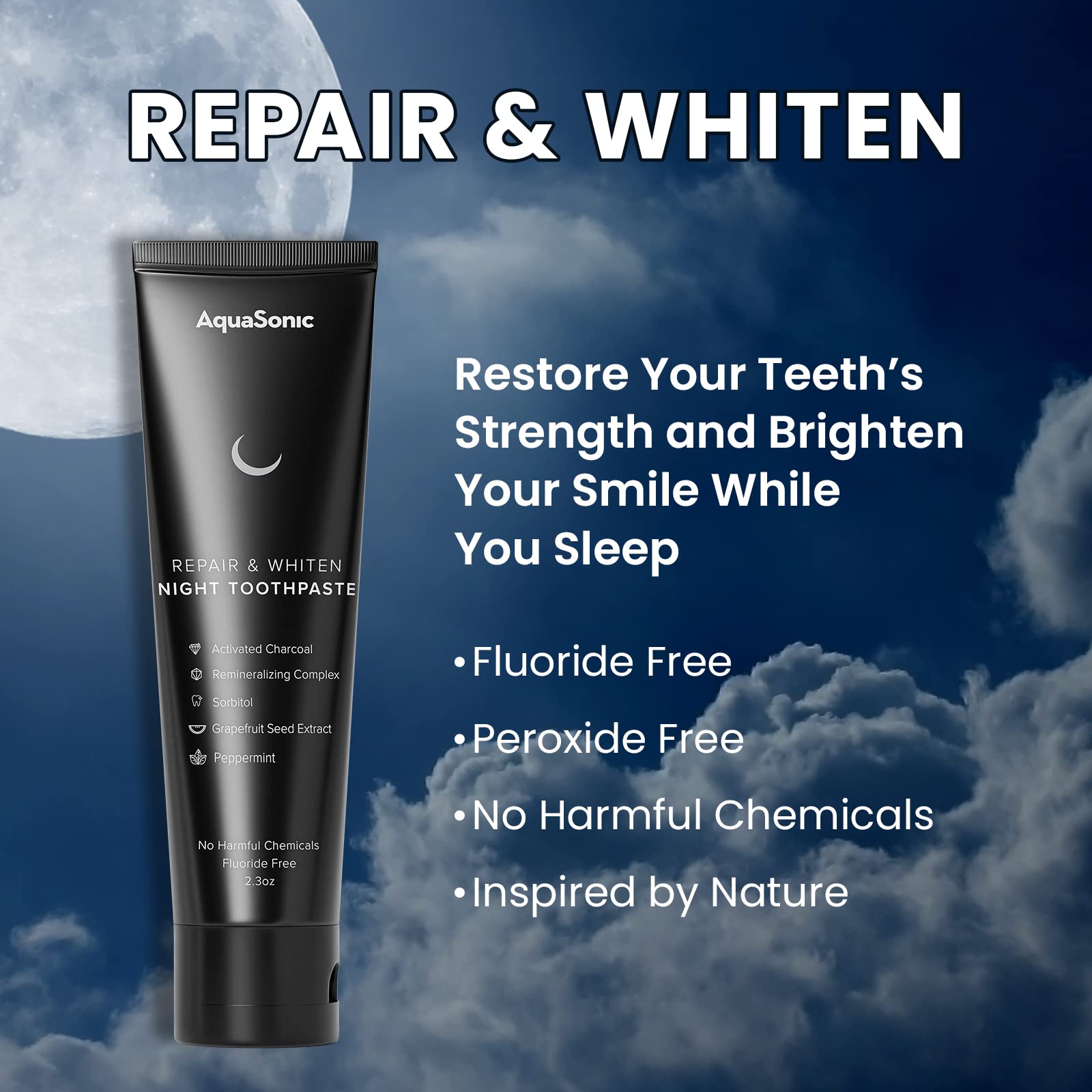 Aquasonic AquaSonic Complete Care Toothpaste tube showing fresh and natural fluoride-free formula for day and night oral care.