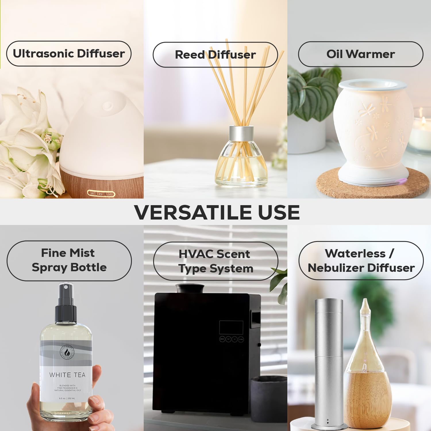 Aroma Country White Tea diffuser oil refill bottle, 8.5 oz, with a clear container and white tea scent label.