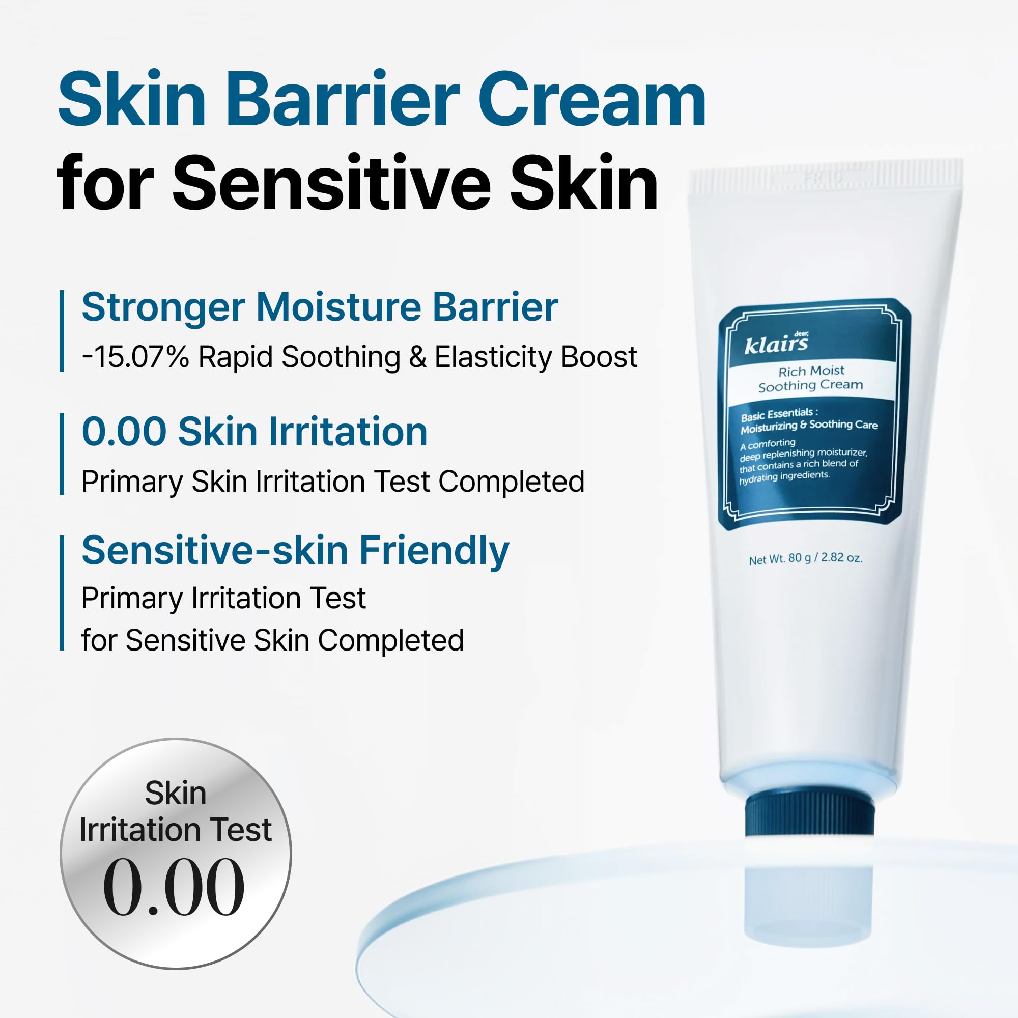 DearKlairs Rich Soothing Cream face moisturizer for dry skin, 2.82 oz, showing the jar with creamy texture and soothing packaging