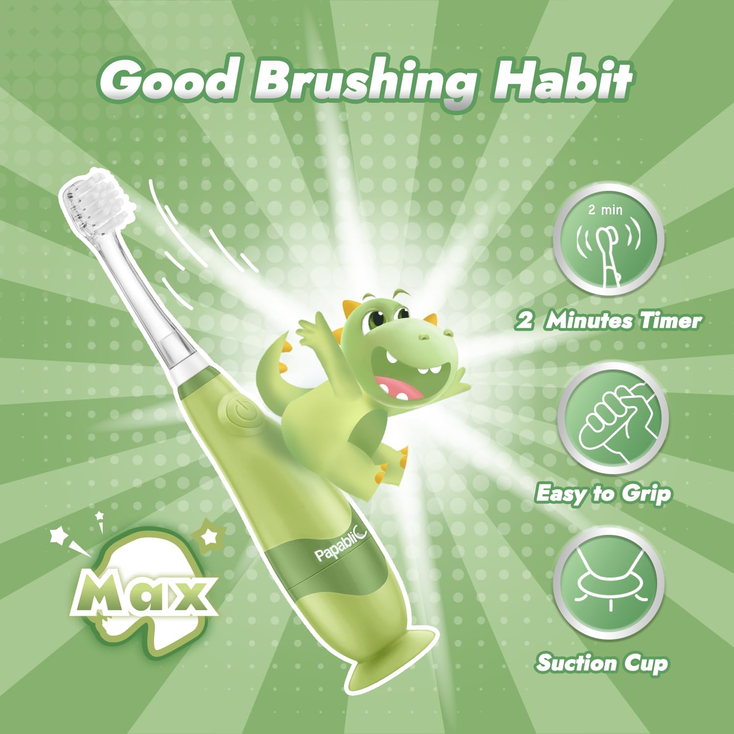 Papablic Max Toddler Sonic Electric Toothbrush Dino LED
