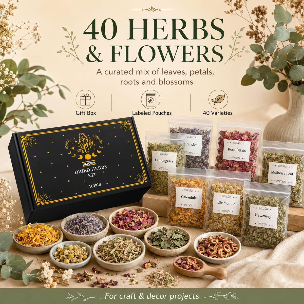 DreamdaMoonnly Witchcraft Herbs Kit, Dried Herbs and Flowers for Witch Beginners, 40 Pack – close-up detail