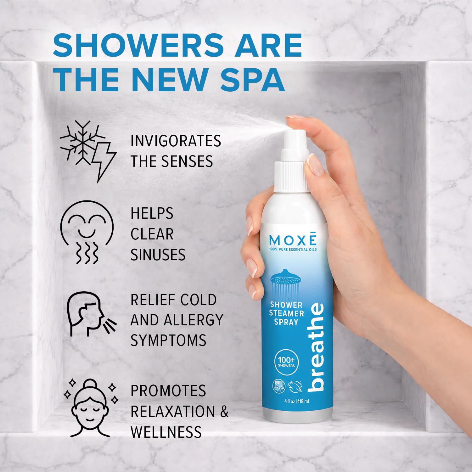 MOXĒ Breathe Shower Steamer Spray for Congestion & Sinus Relief, 4oz