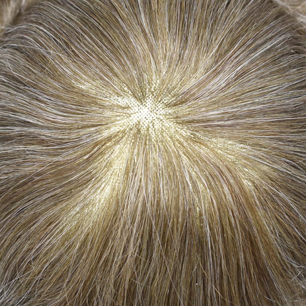 Curve Hair men's toupee wig with light brown and gray human hair, monofilament base, 7x9 inches, durable poly coating for natural look