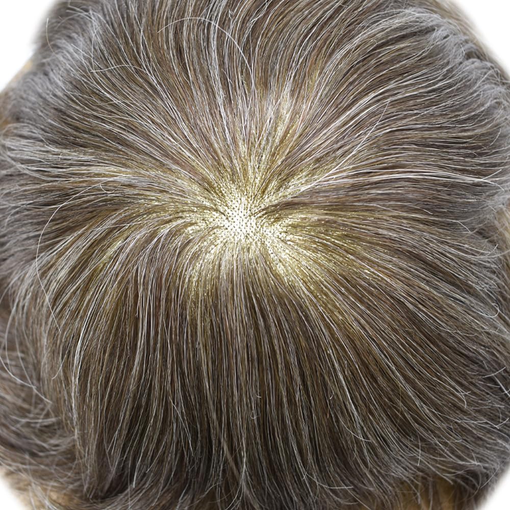 Curve Hair Mens Toupee Human Hair Piece Replacement System Monofilament Wig Hair Unit for Men Durable Poly Coated Mens Hairpiece (#440 Medium Brown+40% Gray, 6"X9")