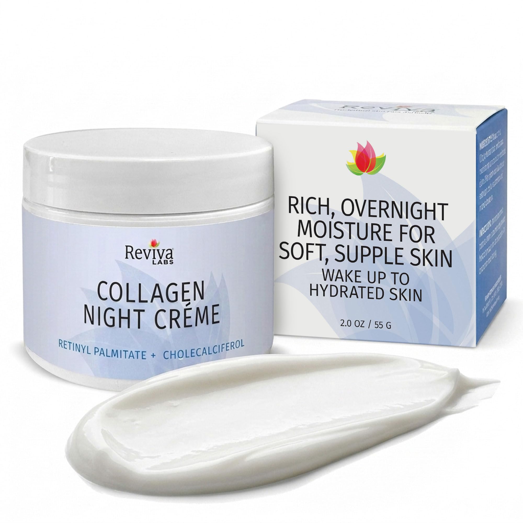 Reviva Labs collagen night cream for women in a 2 oz jar, moisturizing and nourishing skin overnight.
