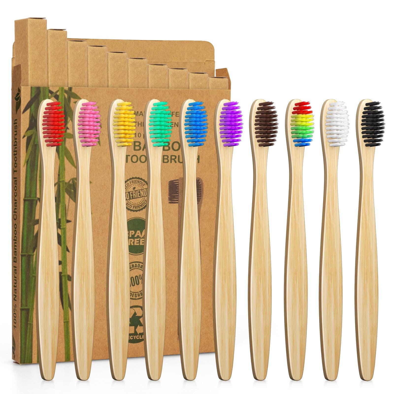 10 Vibrant Colors Bamboo Toothbrushes | BPA Free Soft Bristles - Product Imagery