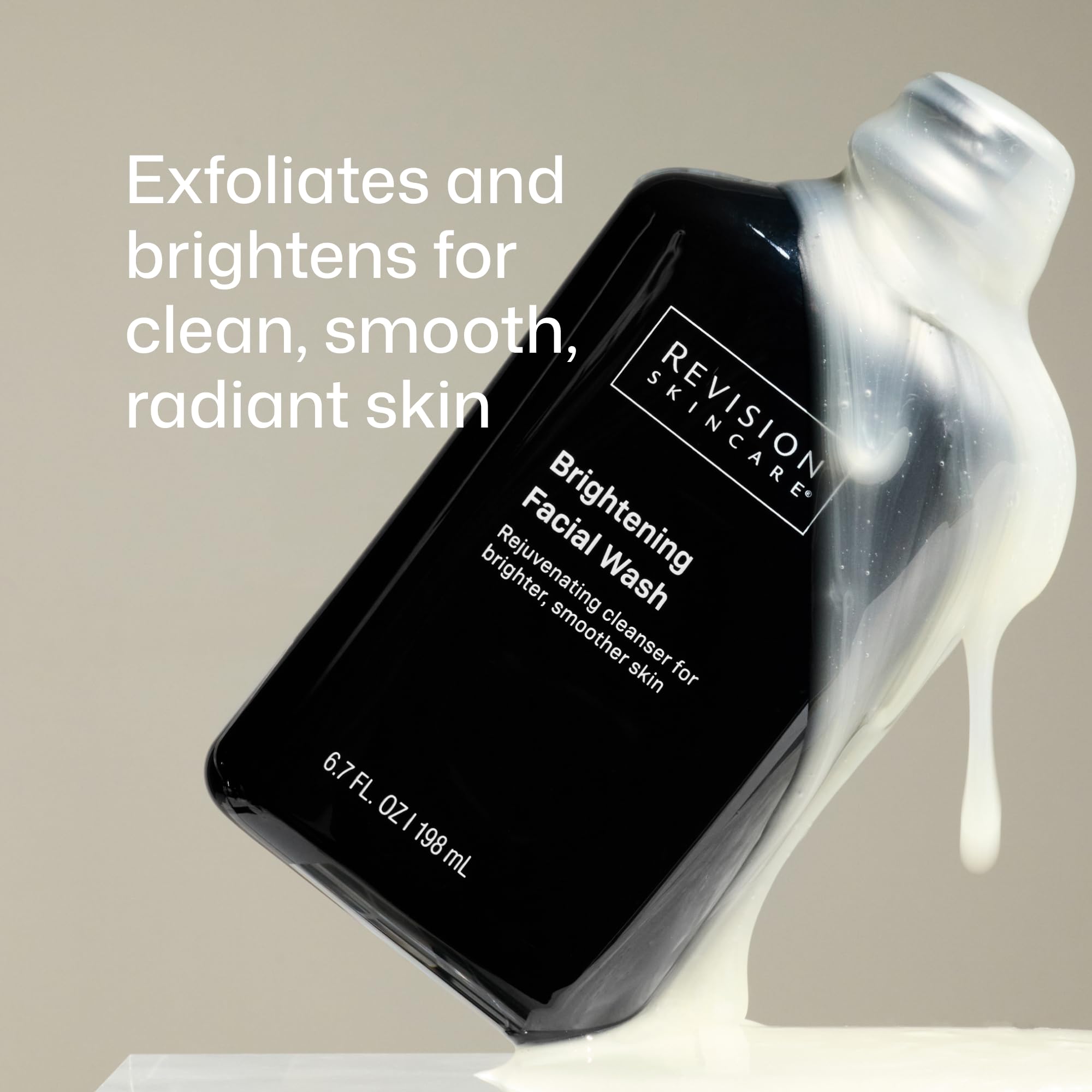 Revision Skincare Brightening Face Wash with AHA and BHA exfoliants, showing the cleanser and packaging on a clean surface.