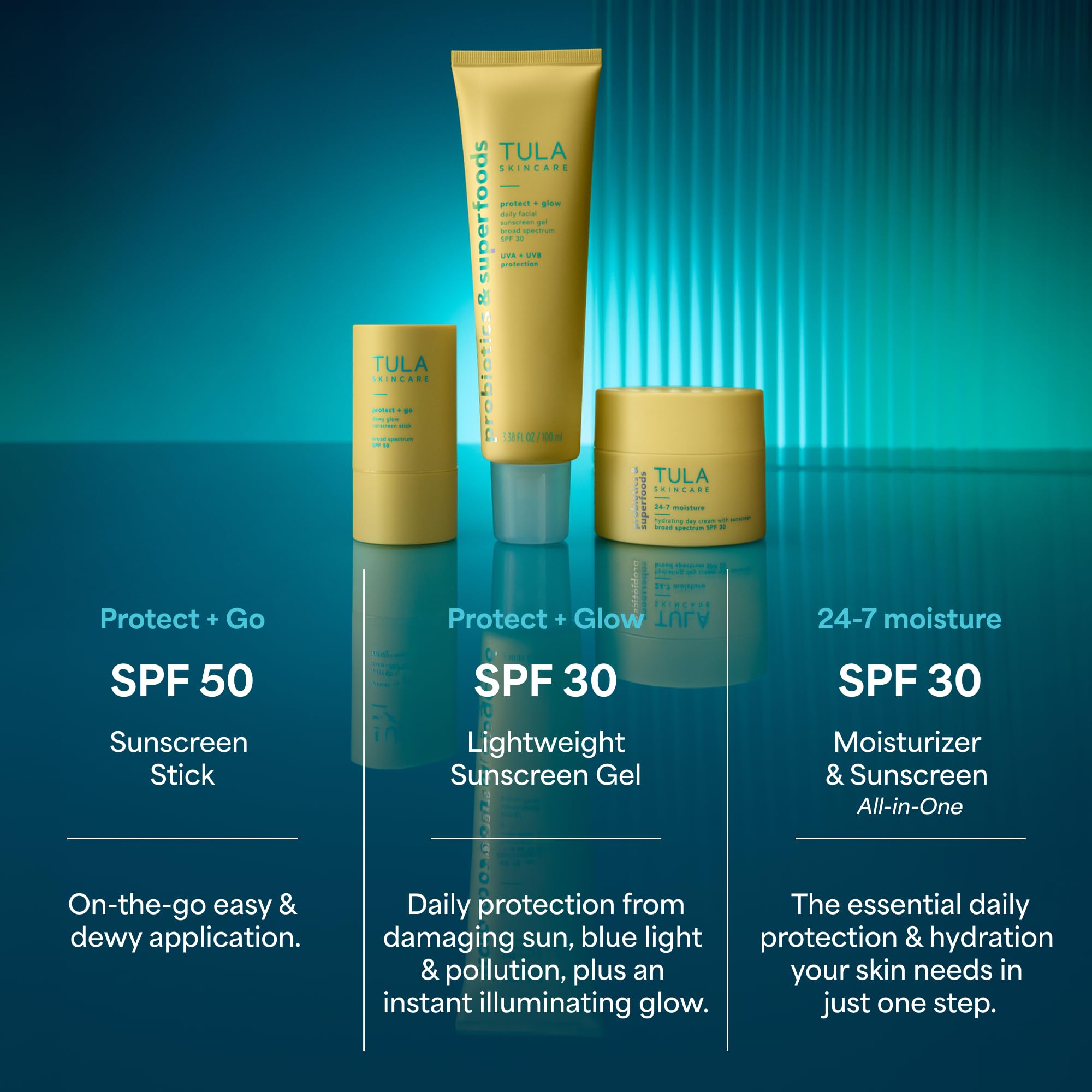 TULA Protect + Glow SPF 30 daily sunscreen gel in a 1.7oz tube, designed for face with a lightweight, hydrating formula.