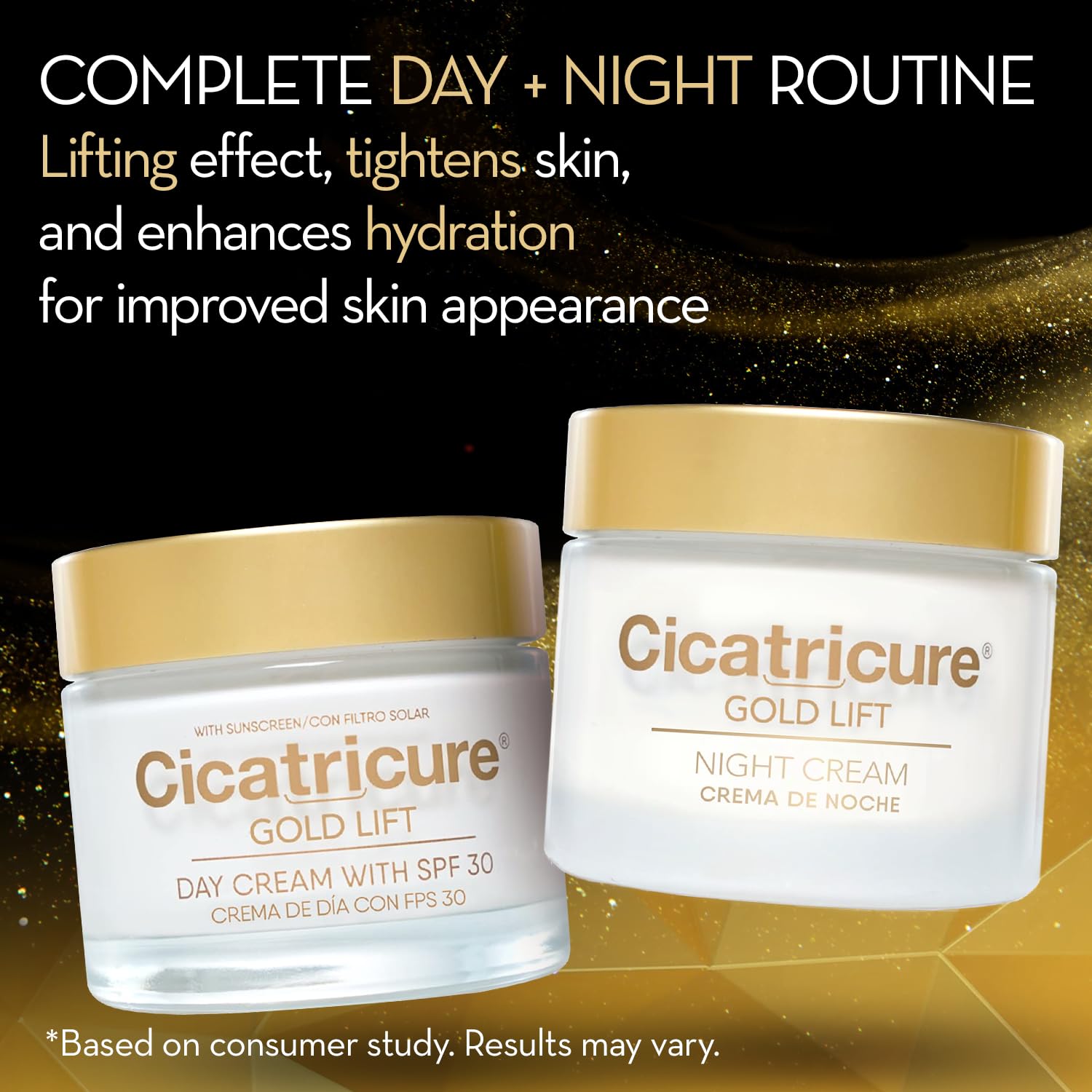 Cicatricure Gold Lift Day & Night Cream gift pack with two 1.7 oz skin moisturizer jars for anti-aging skincare.