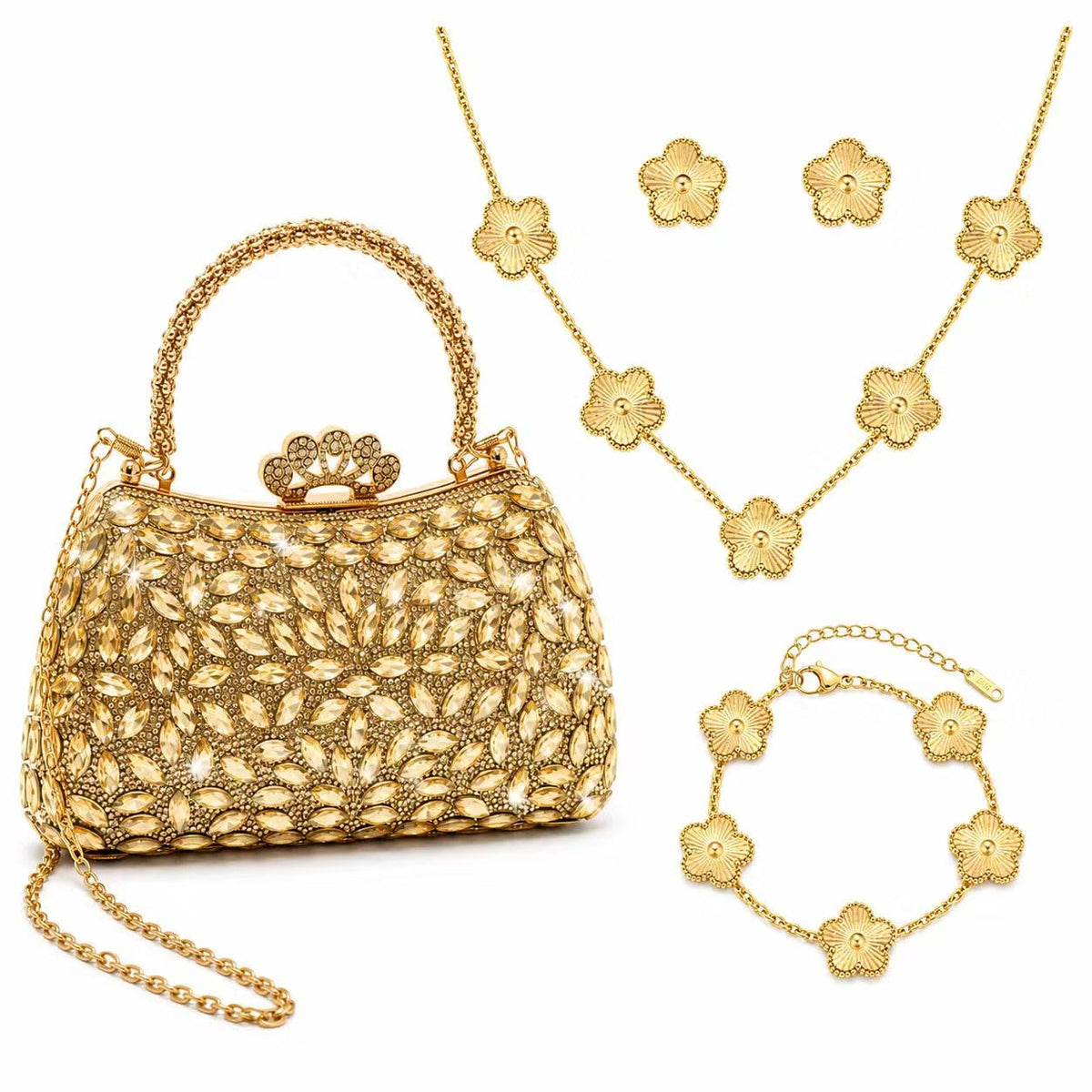 Lrvoain 4 pieces of handmade golden color ladies' evening bag - shoulder bag, handbag, clutch bag. Comes with necklace, 