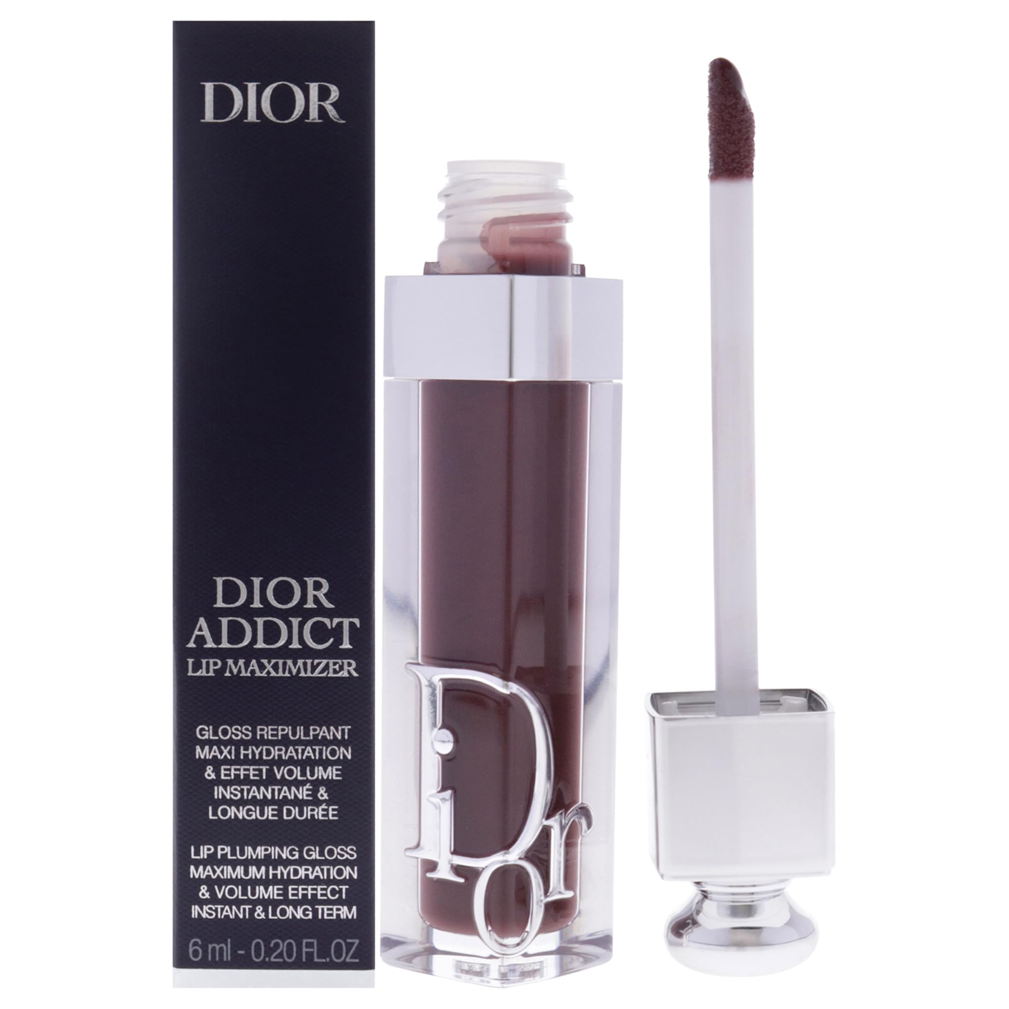 Dior Addict Lip Maximizer 020 Mahogany lip color in a sleek tube with the applicator visible.