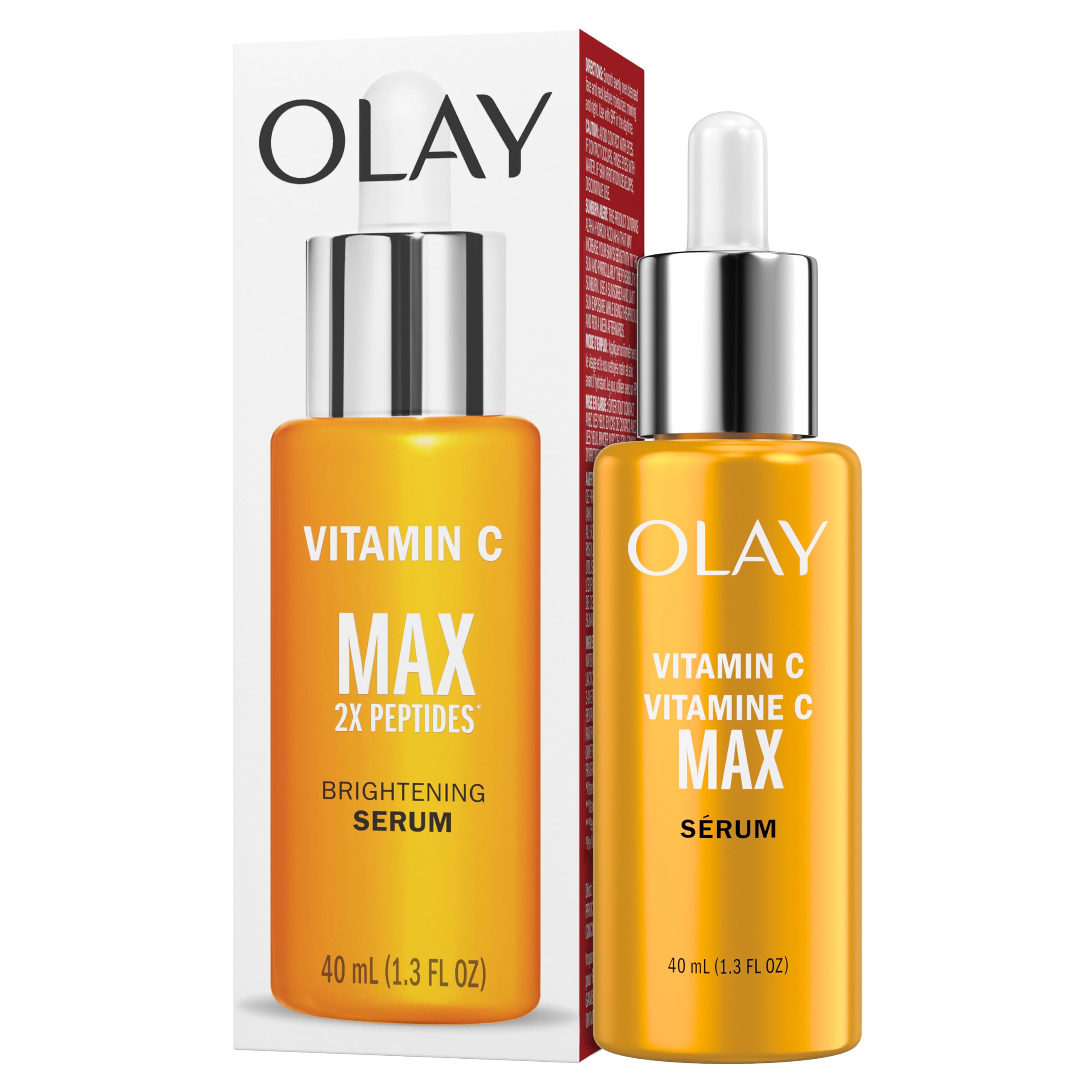 Olay Vitamin C Max Brightening Face Serum in a clear bottle, showcasing a golden glow and serum dropper for radiant, even-toned skin.