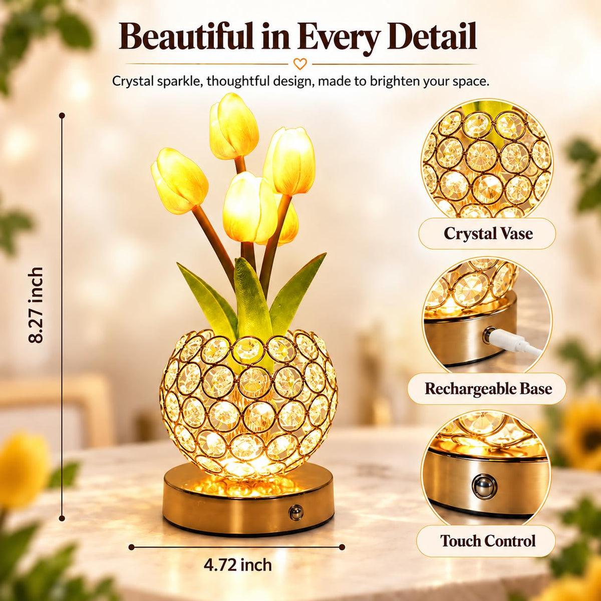 Komothala 4000mAh Rechargeable Crystal Tulip Lamp, Cordless Bedside Nightstand Light – close-up detail