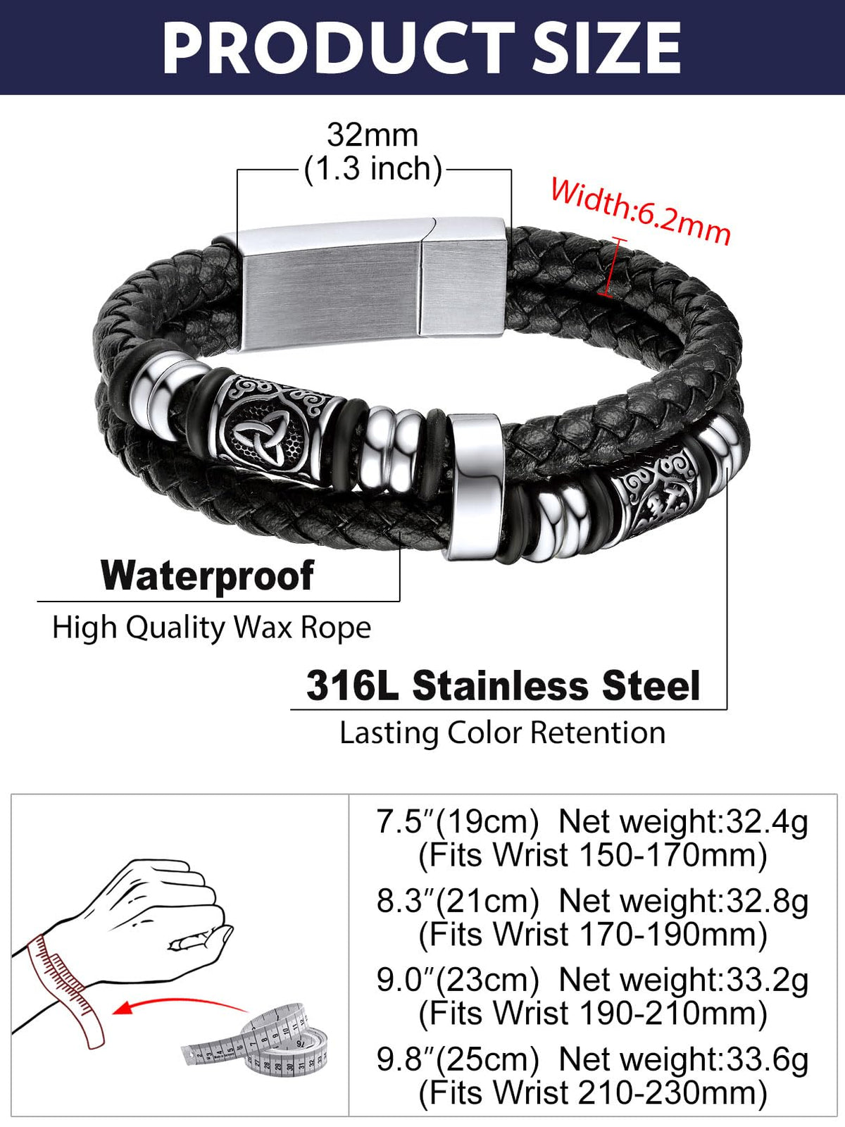 Bandmax Men's Black Double Wax Rope Bracelet Waterproof Stainless Steel Norse Style Celtic Knot Beads Wristband 7-9 Inch