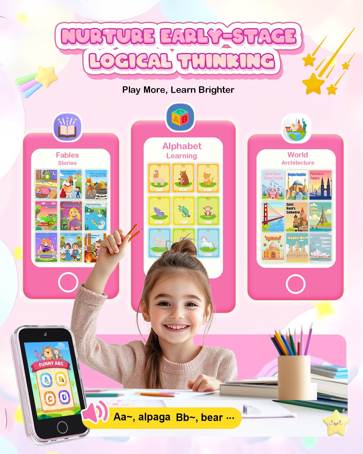 Meetrye Kids Smart Phone,3.5" Touchscreen Learning Toy Phone for Girl,Pink – close-up detail in Pink