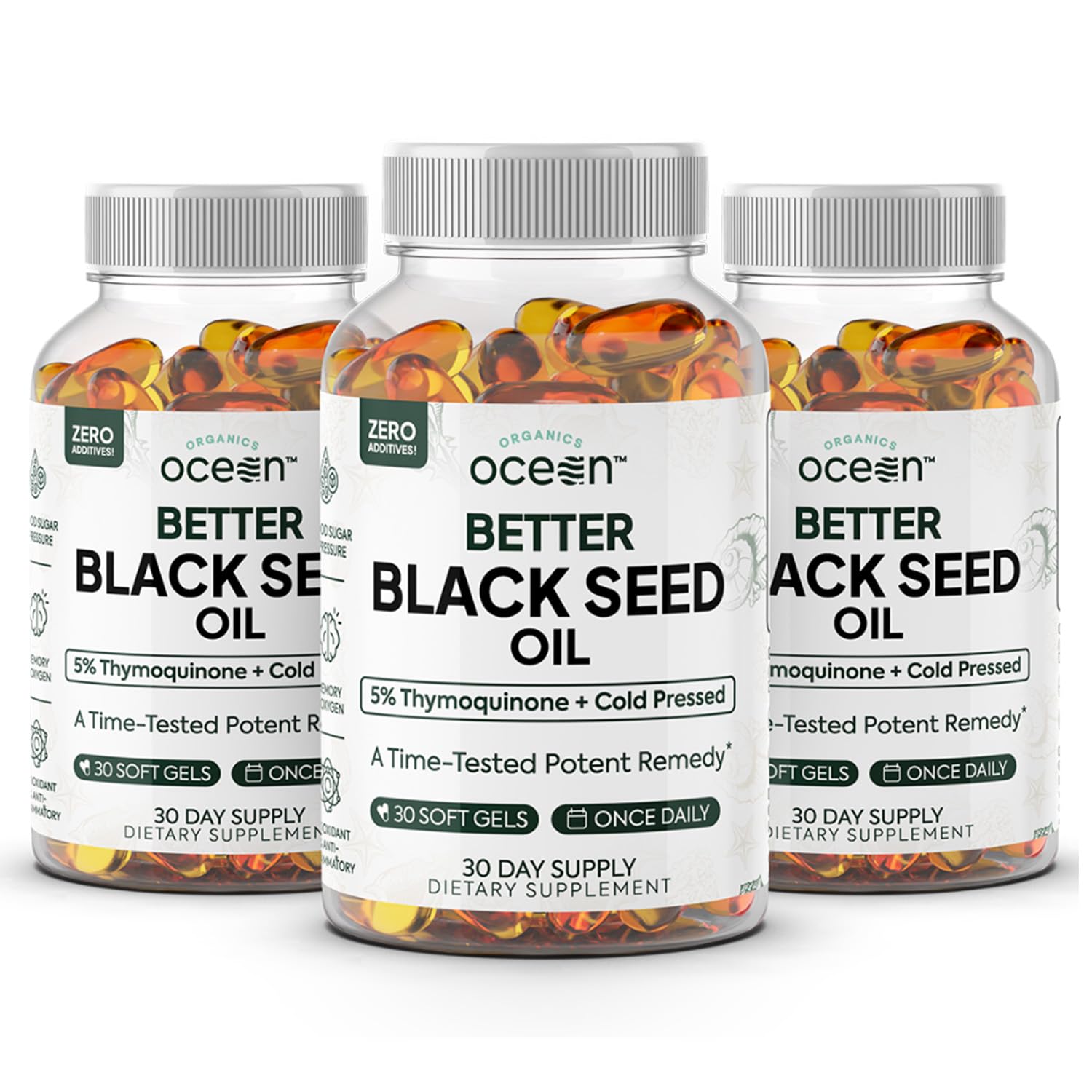 Organics Ocean Better Black Seed Oil Cold Pressed - Pure Nigella Sativa Oil for Immune Support - 5% Thymoquinone - Support Memory, Vitality, and Cellular Health - 3 Pack Bulk Supply