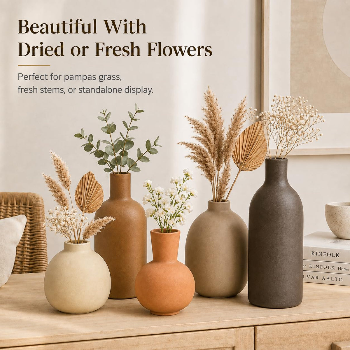 OLACHIKKO Small Neutral Ceramic Vase Set – Cute 5 Matte Earth-Tone Vases for Japandi, Scandinavian, or Minimalist Home D