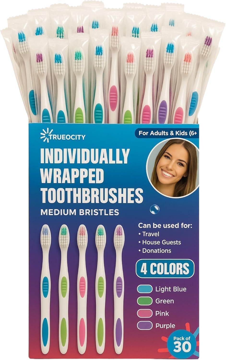 Trueocity 30 Pack Individually Wrapped Toothbrushes - Medium - Product Imagery