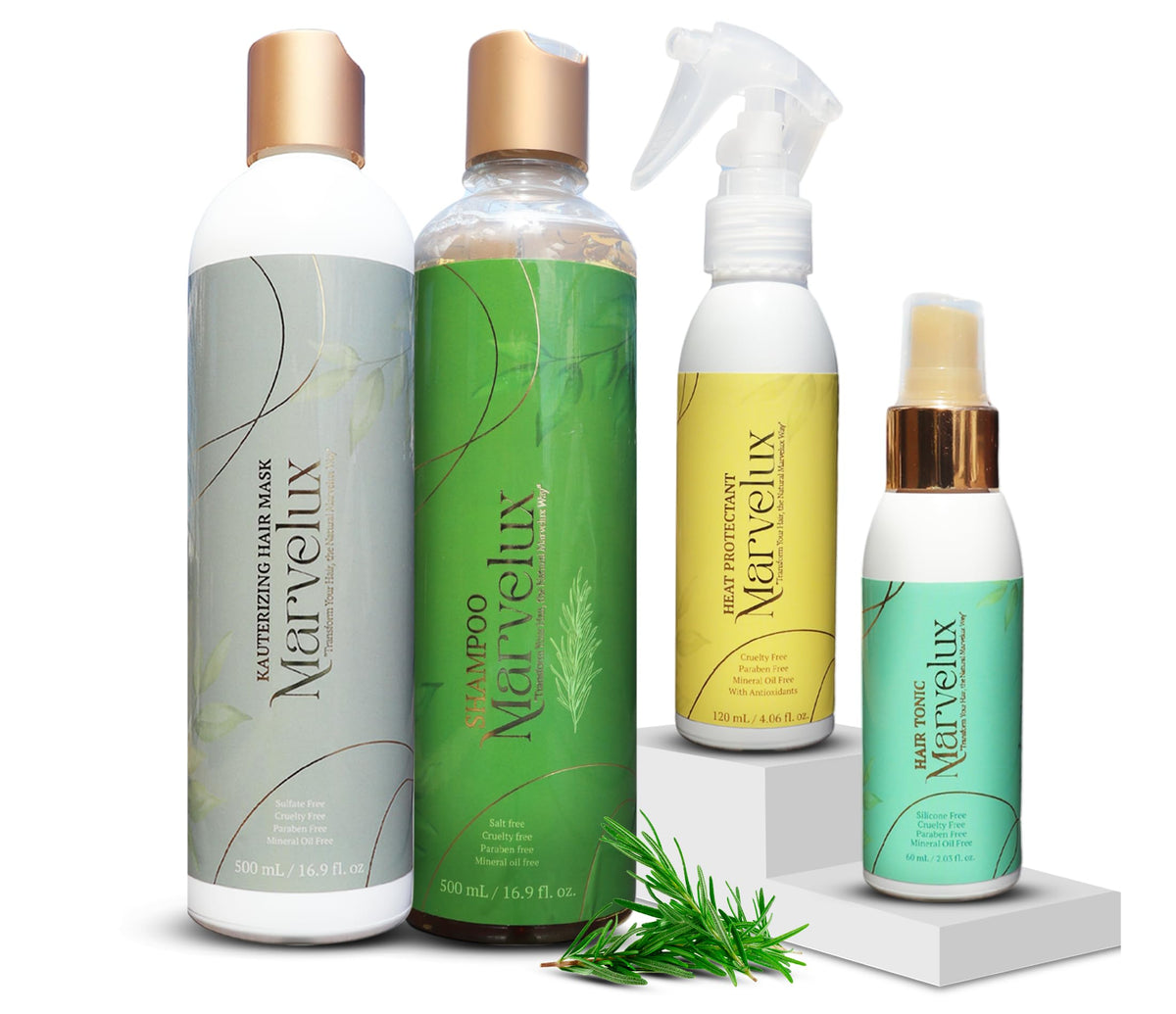 Marvelux Hair Care Kit – Rosemary Anti-Hair Loss Shampoo, Repairing Mask, Thermal Protector & Leave-In Tonic – Coconut S