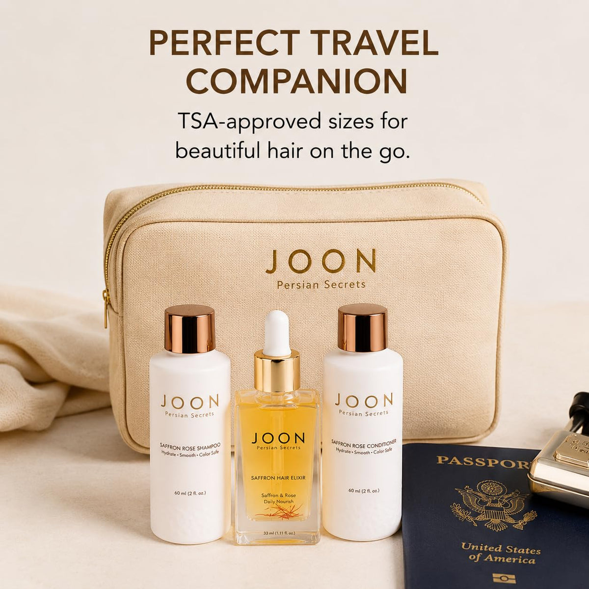 Joon Saffron Rose Hydrating Set | Shampoo | Conditioner | Elixir | Gift Set – packaging and label
