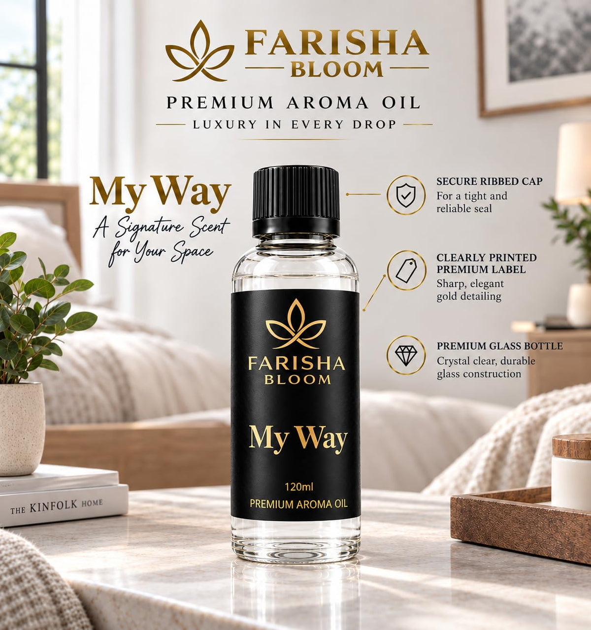 Farisha Bloom My Way Luxury Scent Diffuser Oil, 120 mL Premium Fragrance Oil with Sandalwood, Cedarwood, Amber & Leather