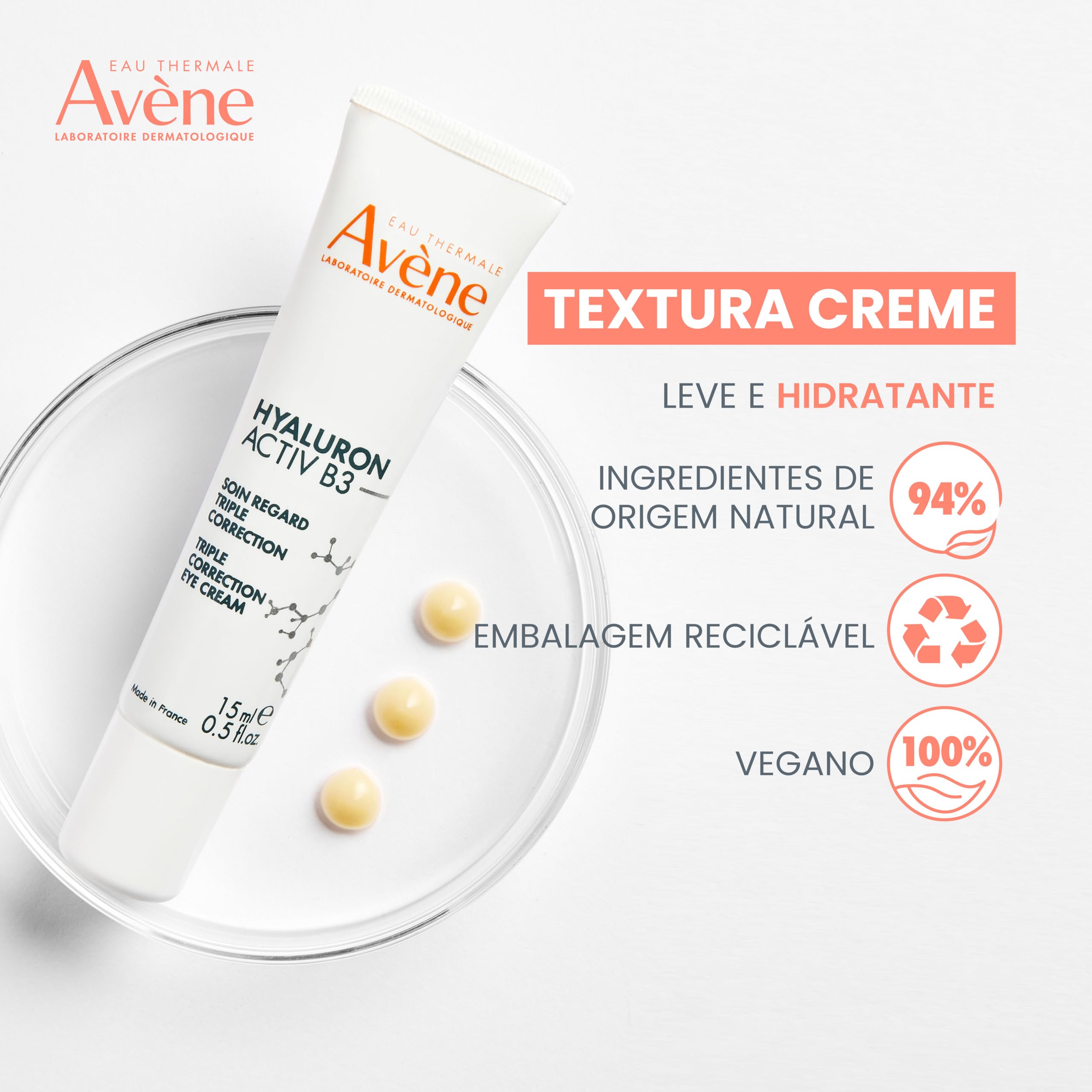 Avène Hyaluron Activ B3 eye cream in a 1 oz jar showing the product container and label for skin moisturizer.