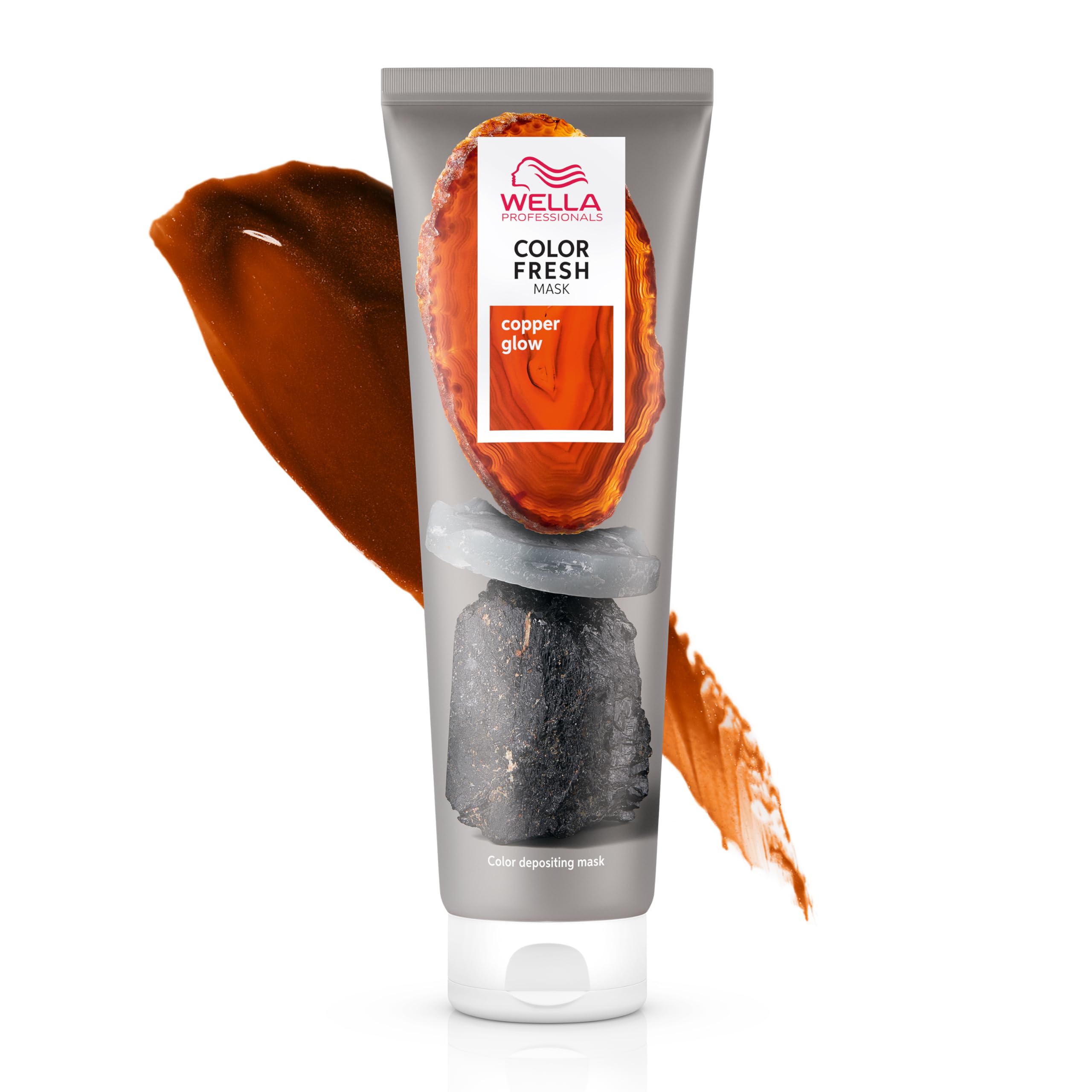 Wella Color Fresh Mask Copper Glow hair coloring agent applied to hair, showcasing vibrant copper tones.