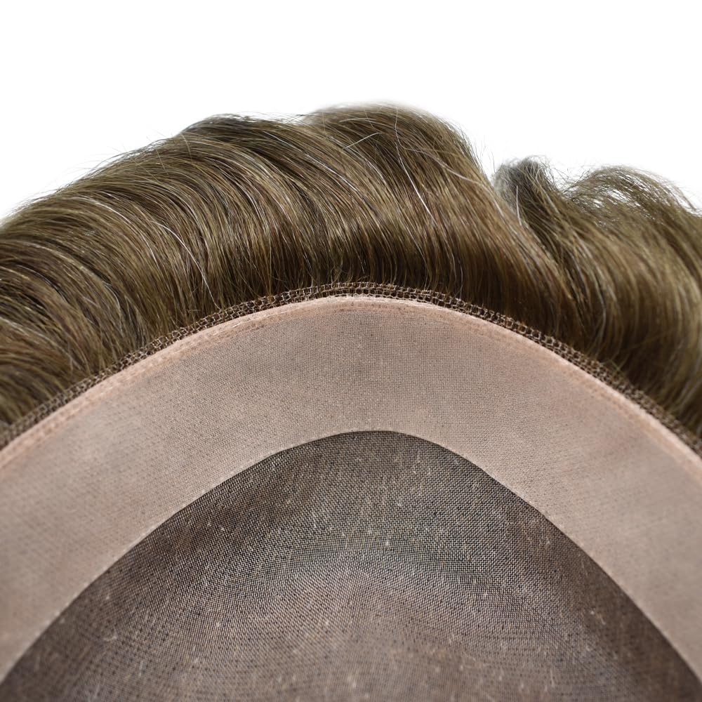 Curve Hair men's toupee wig in light-medium brown with gray, featuring monofilament base and 6x9-inch durable poly coating.