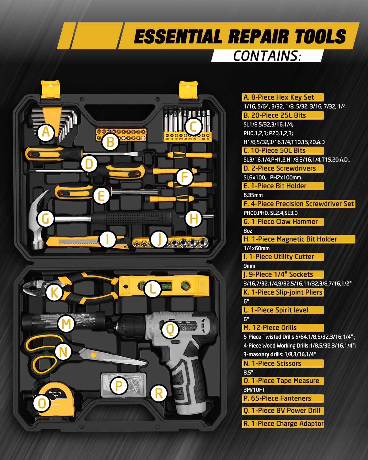 Thatool 139-Piece Home Tool Kit with 8V Cordless Drill and Storage Case – close-up detail