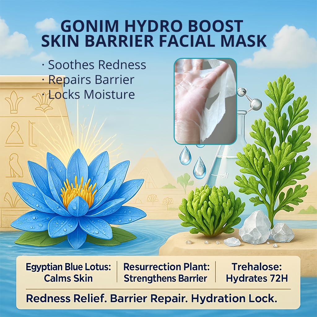 GONIM Korean Face Mask, Hydrating Face Mask Sheet with Hyaluronic Acid – packaging and label