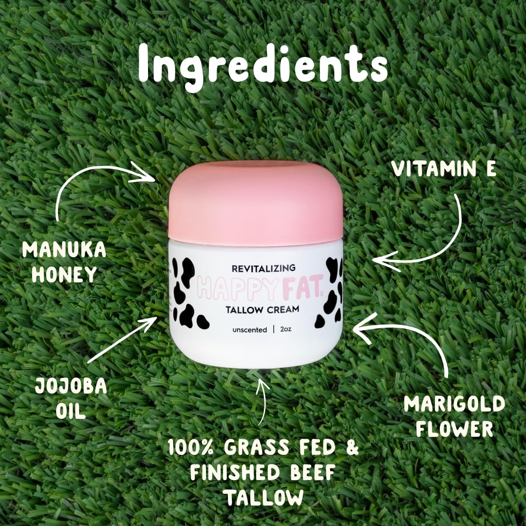 HappyFat Whipped Beef Tallow Moisturizer - USA Made - With Raw Manuka Honey, Organic Jojoba Oil, Marigold Flower, Vitami