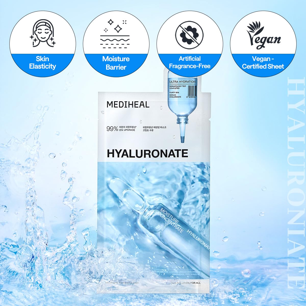 MEDIHEAL Hyaluronic Acid Essential Face Sheet Mask, Deep Hydration (10ea) – packaging and label