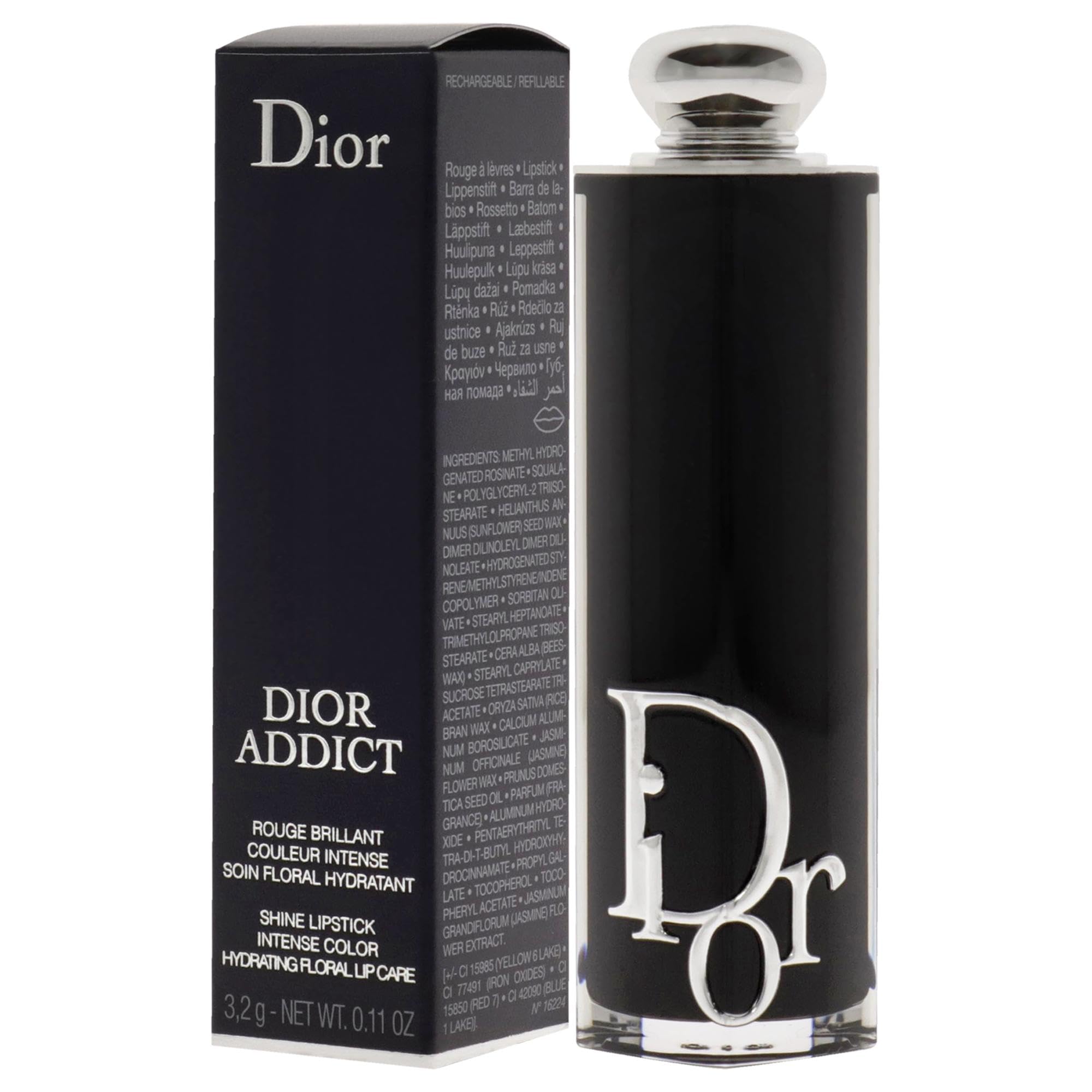 Dior Addict Hydrating Shine Lipstick refillable lip color in 0.11 oz with a glossy finish and sleek packaging.
