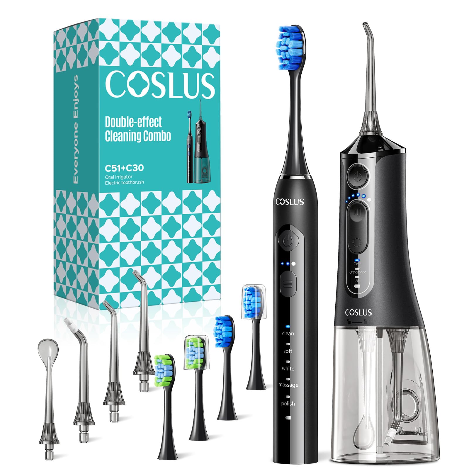 COSLUS C51C30 water flosser and electric toothbrush combo, 2-in-1 oral cleaning kit with toothbrush and water flosser heads.