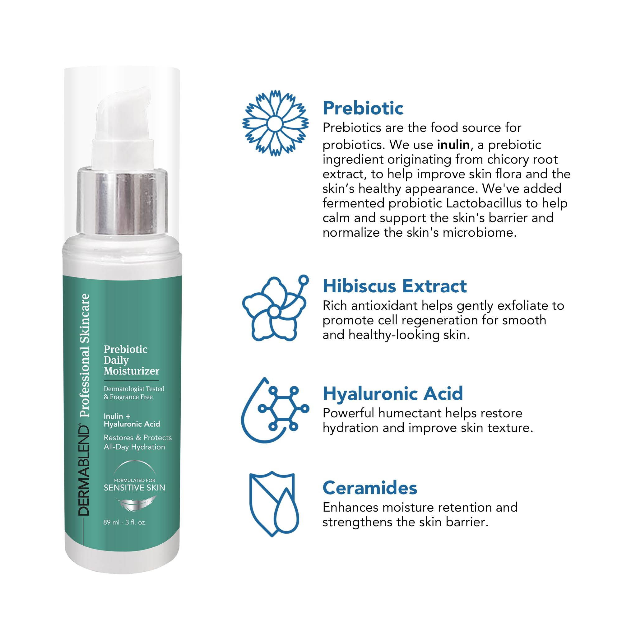 Dermablend Prebiotic Daily Moisturizer in 3 fl oz bottle, showing the skincare product with a clean, minimalist design.