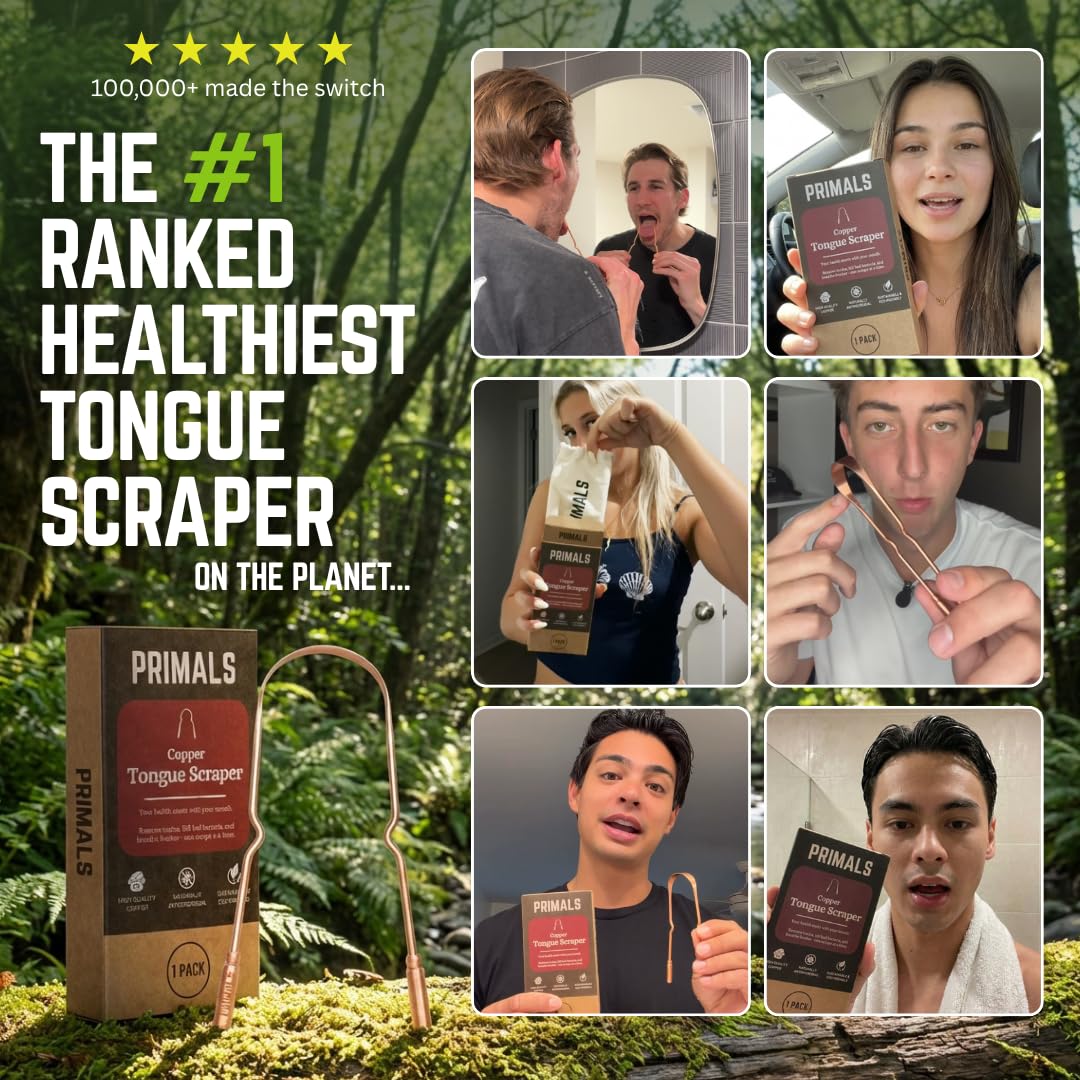 PRIMALS Copper Tongue Scraper - Fresher Breath & Improved Oral Health - Natural Ayurvedic Cleaner for Daily Detox - Rust-Resistant, Eco-Friendly with Travel Cloth Pouch Included (1 Count)